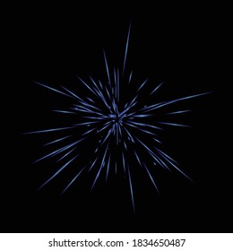 Realistic Colourful fireworks.  Vector illustration. Dynamic style. Abstract explosion, speed motion lines from the middle. Vector illustration.