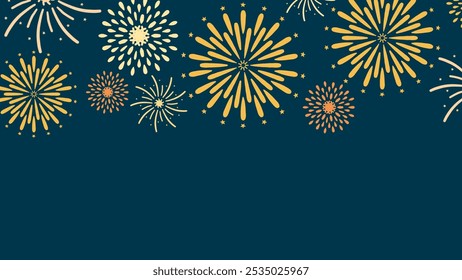 Illustration de feux d'artifice avec des éclats jaunes et orange sur fond bleu foncé. Idéal pour les occasions festives, les célébrations de Nouvelle année et les thèmes de fête.