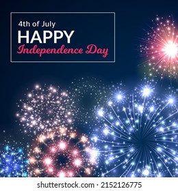 Fireworks Independence Day. 4th July American holiday. Festive colorful pyrotechnic explosions. Celebration poster. Sparkling particles in sky. Salute light flashes