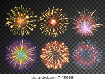 Fireworks isolated against black transparent background. Festive patterned salute burst. Vector illustration