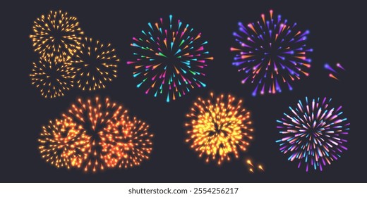 Fireworks isolated on a black background festive glowing glittering backgrounds for Happy New Year