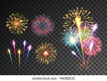 Fireworks isolated on dark transparent background. Festive firecracker salute burst. Pyrotechnic rocket fire. Vector illustration
