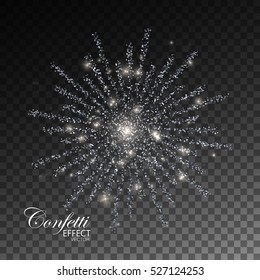 Fireworks isolated on transparent checkered background. Glowing explode of sparkling particles. Sparkling glitters burst. Decoration holiday element for design. Festive ornament