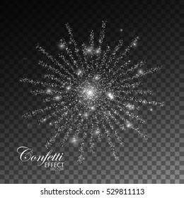 Fireworks isolated on transparent checkered background. Glowing explode of sparkling particles and strass. Sparkling glitters burst. Decoration holiday element for design. Festive ornament
