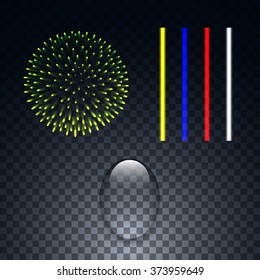 Fireworks, laser beams, water drop on transparent background. Vector illustration.
