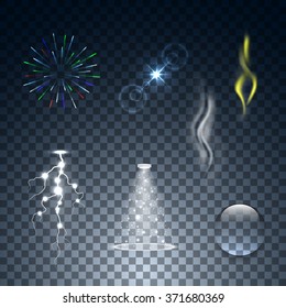 Fireworks, lens flare, smoke, fire, lightning, spotlight, flares, water drop on transparent background. Vector illustration.
