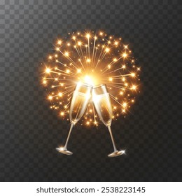 Fireworks light effect and champagne or white wine glasses isolated on transparent background. Vector golden New Year salute sparkle with golden fizzy drink wineglasses