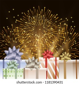 Fireworks and light with gift boxes illustration for greeting card, new year background