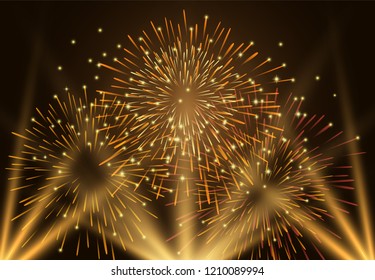 Fireworks and light on night sky illustration for greeting card, new year background