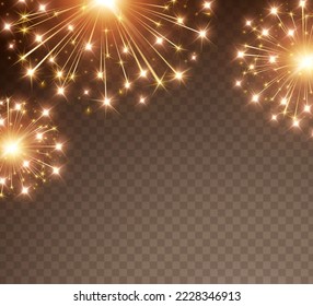 Fireworks lights effect isolated on transparent background. Vector golden festival New Year rockets or gold Christmas sparkle elements