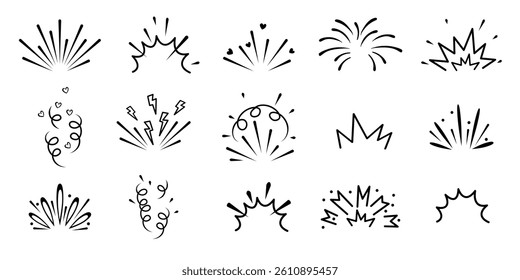 Fireworks line art hand drawn cute elements. Vector set of firecrackers ,lightning, explosion, sunburst, fireworks, bling