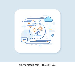 Fireworks line icon. Abstract square vector button. Pyrotechnic salute sign. Carnival celebration lights symbol. Fireworks line icon. Speech bubble concept. Vector