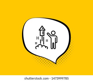 Fireworks line icon. Comic speech bubble. Christmas or New year rocket sign. Pyrotechnic symbol. Yellow background with chat bubble. Fireworks icon. Colorful banner. Vector