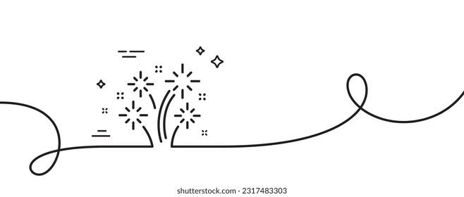 Fireworks line icon. Continuous one line with curl. Pyrotechnic salute sign. Carnival celebration lights symbol. Fireworks single outline ribbon. Loop curve pattern. Vector