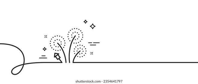 Fireworks line icon. Continuous one line with curl. Pyrotechnic salute sign. Carnival celebration lights symbol. Fireworks single outline ribbon. Loop curve pattern. Vector