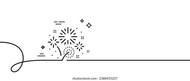 Fireworks line icon. Continuous one line with curl. Pyrotechnic salute sign. Carnival celebration lights symbol. Fireworks single outline ribbon. Loop curve pattern. Vector