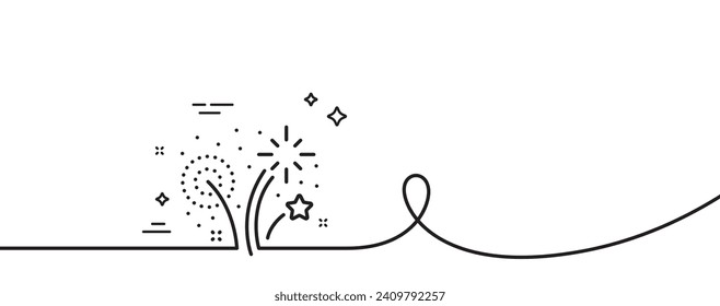 Fireworks line icon. Continuous one line with curl. Pyrotechnic salute sign. Carnival celebration lights symbol. Fireworks single outline ribbon. Loop curve pattern. Vector