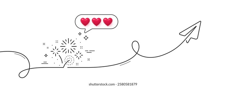 Fireworks line icon. Continuous line with share plane. Pyrotechnic salute sign. Carnival celebration lights symbol. Hearts rate review in speech bubble. Fireworks single line ribbon. Vector