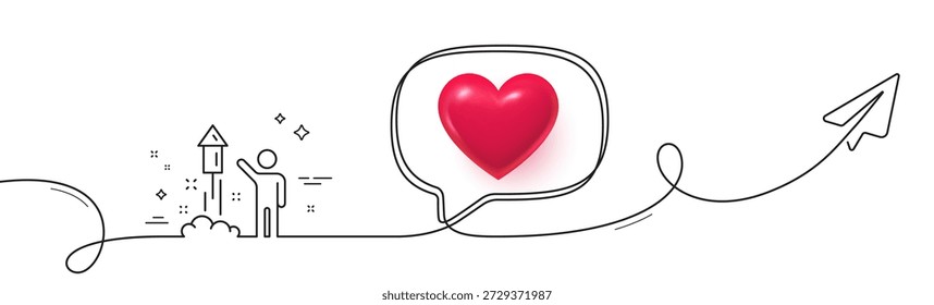 Fireworks line icon. Continuous line with share plane. Christmas or New year rocket sign. Pyrotechnic symbol. 3d heart in speech bubble. Fireworks single line ribbon. Loop curve pattern. Vector