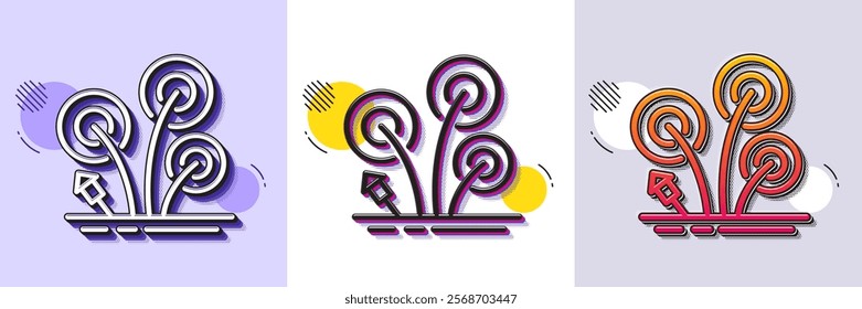 Fireworks line icon. Halftone dotted pattern. Gradient icon with grain shadow. Pyrotechnic salute sign. Carnival celebration lights symbol. Line fireworks icon. Various designs. Vector