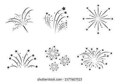 Fireworks line icon set, happy new year fireworks. New year beautiful decorations isolated on white background vector illustration. Stars and lines explode. The star is black.