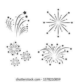 Fireworks line icon set, happy new year fireworks. New year beautiful decorations isolated on white background vector illustration. Stars and lines explode. The star is black.