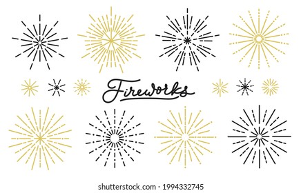 Fireworks line icon set isolated on white. Black and gold firework collection in linear style. Set of festive design elements for New year party, Birthday celebration, holidays. Vector illustration