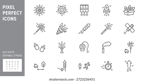 Fireworks line icon set. Vector illustration include icon - ice fountain, firecracker, roman candle, petard outline pictogram for celebration pyrotechnic. 64x64 Pixel Perfect, Editable Stroke.
