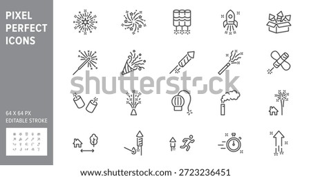 Fireworks line icon set. Vector illustration include icon - ice fountain, firecracker, roman candle, petard outline pictogram for celebration pyrotechnic. 64x64 Pixel Perfect, Editable Stroke.