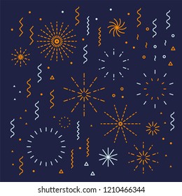 Fuegos artificiales fáciles de editar conjunto con petardo, estrellas. Festival vectorial formas de diseño de vacaciones coloridas colección