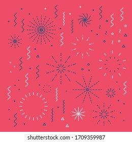Fireworks lineal easy editable set with petard, stars. Festival vector holiday design shapes colorful collection