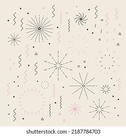 Fireworks lineal easy editable set with petard, stars. Festival vector holiday design shapes colorful collection