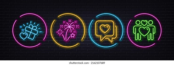 Fireworks, Love gift and Heart minimal line icons. Neon laser 3d lights. Love couple icons. For web, application, printing. Pyrotechnic salute, Heart, Lovers. Neon lights buttons. Vector
