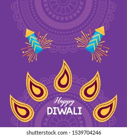 fireworks mandala purple background happy diwali festival poster flat design vector illustration