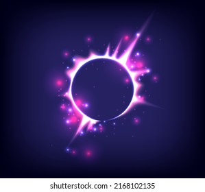 Fireworks model. Glowing circle. Sunshine, light , ray and sparking ring. Colorful tunnel. Bright border. Blue flame magic portal. Luminous electron and glint swirling. Solar eclipse. Pink neon light