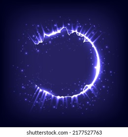 Fireworks model. Glowing circle. Sunshine, lightning, ray and sparking ring. Neon light tunnel. Bright border. Magic portal. Luminous electron and glint swirling. Cosmic energy