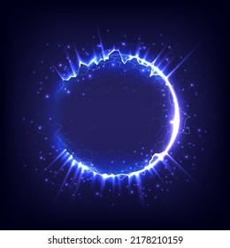 Fireworks model. Glowing circle. Sunshine, lightning, ray and sparking ring. Neon light tunnel. Bright border. Magic portal. Luminous electron and glint swirling. Cosmic energy. Hexagon barrier sphere