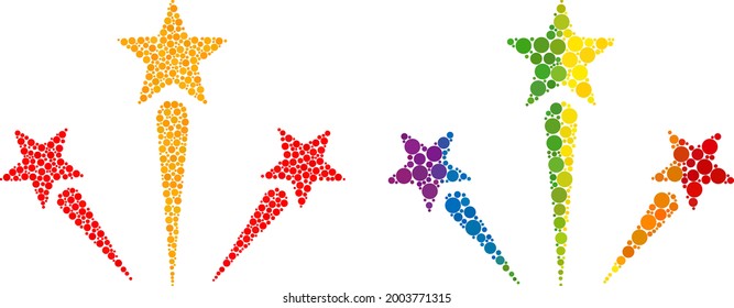 Fireworks mosaic icon of round dots in various sizes and spectrum color tinges. A dotted LGBT-colored fireworks for lesbians, gays, bisexuals, and transgenders. Vector icon in LGBT flag colors.
