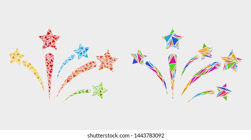 Fireworks mosaic icon of triangle elements which have different sizes and shapes and colors. Geometric abstract vector illustration of fireworks.