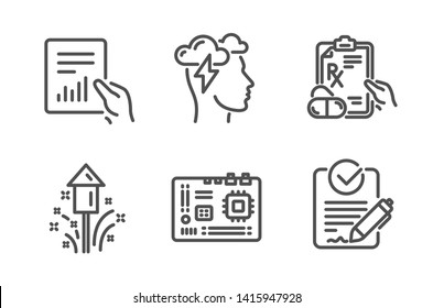 Fireworks, Motherboard and Document icons simple set. Mindfulness stress, Prescription drugs and Rfp signs. Christmas pyrotechnic, Computer component. Science set. Line fireworks icon. Editable stroke