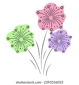 Fireworks. Multi-colored flashes in the form of spots, sparks and golden stars fly in different directions. Pyrotechnic sky flowers. Color vector illustration. A bright flash for a festive event. 