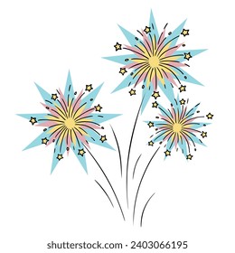 Fireworks. Multi-colored sparks and yellow stars fly in different directions. Pyrotechnic sky flowers. Color vector illustration. A bright flash for a festive event. Isolated background. 