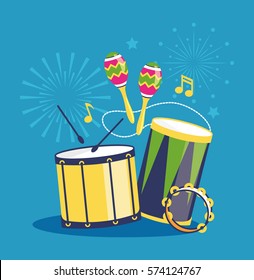 Fireworks and Musical Instruments on Blue Background