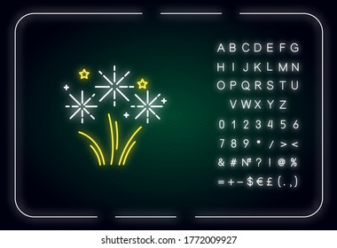 Fireworks neon light icon. Pyrotechnics. Celebration event. Party entertainment. Outer glowing effect. Sign with alphabet, numbers and symbols. Vector isolated RGB color illustration