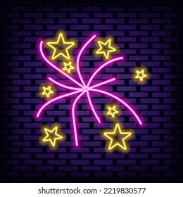 Fireworks Neon sign. Glowing with colorful neon light. Light banner. Design element. Vector Illustration