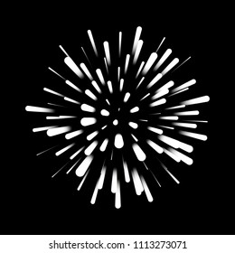 Fireworks. New Year celebration. Festive night decoration, design element. Vector isolated illustration on black background. Independence Day.