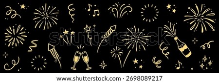Fireworks new year set. Hand drawn vector elements with doodle golden confetti, firecracker and festive sparkle for birthday, party, or new year celebration. Gold firework vector illustration