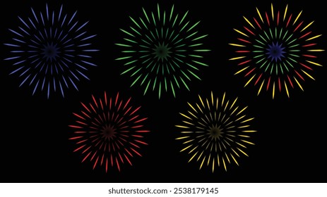 Fuegos artificiales en la noche. Gran conjunto de varios fuegos artificiales con chispas brillantes. Espectáculo de pirotecnia colorida. Conjunto de iconos petardos para aniversario, año Nuevo, cumpleaños, fiesta, celebrar, festival. Fla