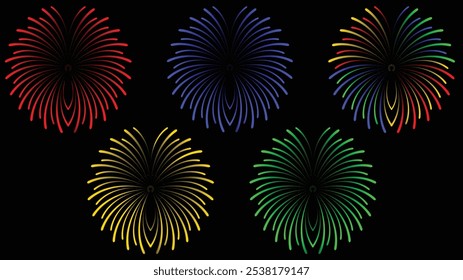 Fogos de artifício à noite. Grande conjunto de vários fogos de artifício com brilhantes faíscas. Mostra pirotécnica colorida. Conjunto de ícones de fogos de artifício para Aniversário, Ano Novo, Aniversário, Festa, Celebrar, Festival. FlaLanguage