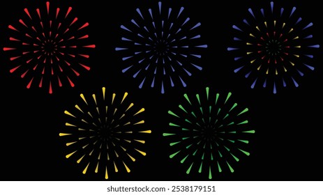 Fogos de artifício à noite. Grande conjunto de vários fogos de artifício com brilhantes faíscas. Mostra pirotécnica colorida. Conjunto de ícones de fogos de artifício para Aniversário, Ano Novo, Aniversário, Festa, Celebrar, Festival. FlaLanguage